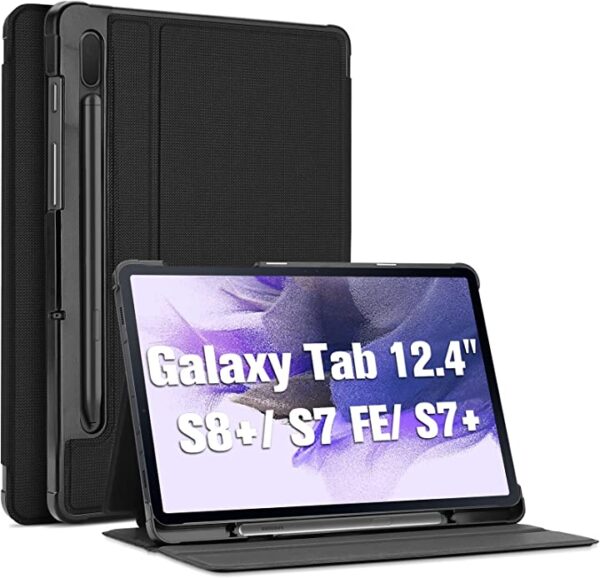 جراب ProCase لهاتف Galaxy Tab S8 Plus/S7 FE/S7 Plus 12.43 سم مع حامل قلم S، غطاء حماية خلفي رفيع لهاتف Samsung Galaxy X800 X806 T730 T733 T736 T738 T970 T975 T976 T978 - أسود احمِ هاتف Galaxy Tab S8 Plus/S7 FE/S7 Plus بجراب ProCase الأسود الرفيع مع حامل قلم S، حماية كاملة للهاتف Samsung Galaxy X800 X806 T730 T733 T736 T738 T970 T975 T976 T978.